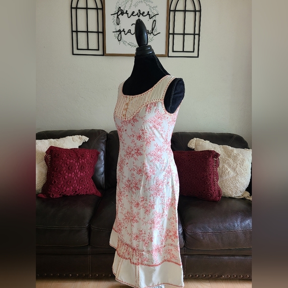 Peruvian Connection Floral Print Shabby Chic Red & Cream Midi Dress Size 2‎ - Picture 3 of 14